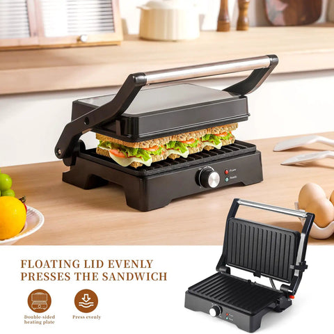 Big Panini Press Grill Sandwich Maker 3 In 1 Opens Flat To 180 Degrees for toasting large sandwiches on a countertop.