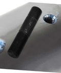Close-up of a black steel punch driver with threaded rod on metal sheet from Hydraulic Punch Driver Kit For Electrical Conduit And Metal Sheets 8-Piece Hole Punch Set With Rectangular Cylinder For No-Sweat Quick Punching And Cutting Through Metal And Conduit.