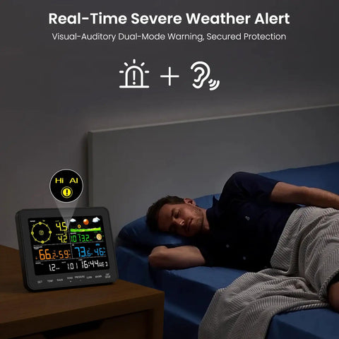 All In One Wireless Home Weather Station With Rain Gauge Indoor Outdoor Temperature Humidity Forecast Barometric Pressure Moon Phase And Alarm Clock For Bedroom No WiFi Must Have, on nightstand next to sleeping man