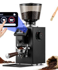 Pro Commercial Coffee Grinder With 64mm Flat Burr And Smart Touch Screen Weight Based Dosing For Espresso Brewing, showing touchscreen and ground coffee.
