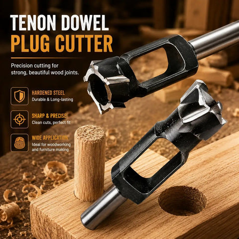 Heavy Duty Wood Tenon Plug Cutter And Three Quarter Inch Dowel Maker Drill Bit Featuring Slick Shear Angle Tips No Fuss Design Hardened Steel, durable cutter with sharp tips.