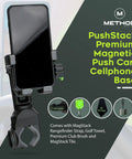 Magnetic Phone Holder For Golf Push Cart With Rangefinder Strap, fits most phones, shown with accessories on display