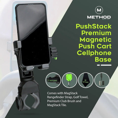 Magnetic Phone Holder For Golf Push Cart With Rangefinder Strap, fits most phones, shown with accessories on display