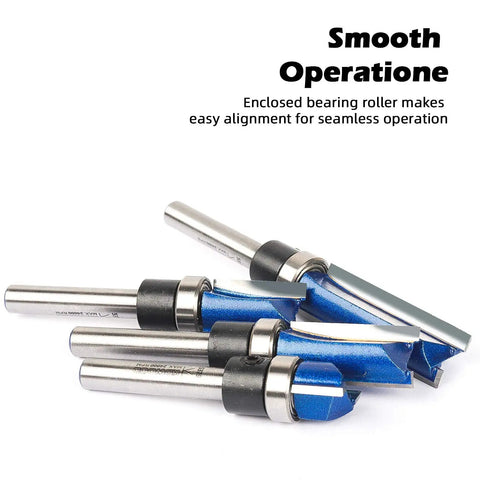 Pro Grade Pattern Flush Trim Router Bits Set With One Quarter Inch Shank And C3 Carbide Bottom Bearing for woodworking, set of four