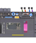 Top Tier Heat Resistant Silicone Soldering Mat With Magnetic Screw Retainer Tray Heavy Duty Electronics Workboard Up To 932 Fahrenheit High Temp Protection For Pcb Repair And Tech Gear Setup Legit Build showing tools and circuit board area.