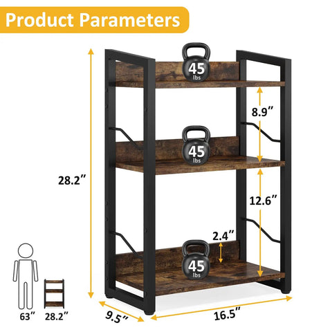 Three Tier Narrow Bookshelf With Edge Protection And Side Cross Tube Design For Picture Frames Statues Easy Peasy Setup Super Solid Storage Rack dimensions 16.5 x 9.5 x 28.2 inches.