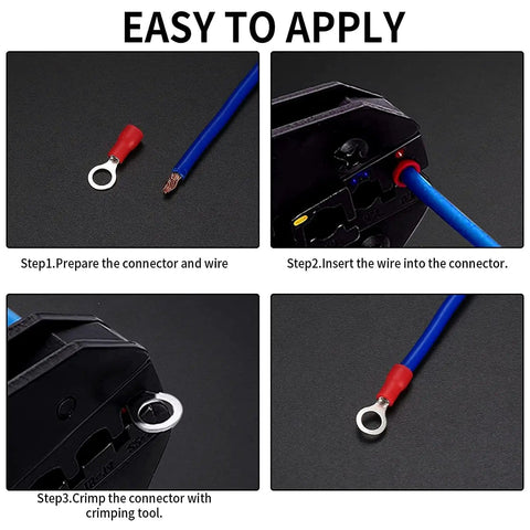 102 Piece Wire Terminal Crimp Kit Must Have With Insulated O Ring Connectors and a step-by-step crimping process diagram