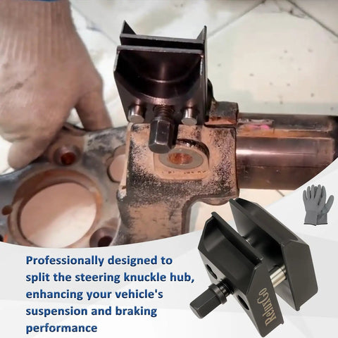 Universal Suspension Strut Split Hub And Steering Knuckle Spreader Tool in action on suspension part.