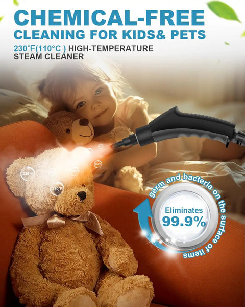 Hefty Handheld Steam Cleaner With Badass 2500 Watt Power And Snappy Fifteen Second Heat Up cleaning teddy bear with steam.
