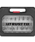 15 Piece One Quarter Inch Shank Tungsten Carbide Router Bit Set in black plastic case for woodworking pros and DIY enthusiasts.