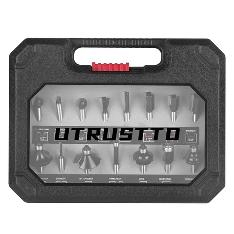 15 Piece One Quarter Inch Shank Tungsten Carbide Router Bit Set in black plastic case for woodworking pros and DIY enthusiasts.