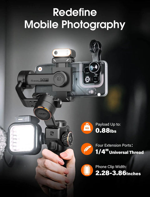 Person holding iSteady M6 Gimbal Stabilizer for Smartphone with OLED display, showcasing mobile photography accessories.