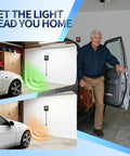 Adjustable Garage Parking Sensor With Tri Color LED Distance Indicator Ultrasonic Detection And Auto And Manual Modes For Safe Indoor Parking Plus No Sweat Hands Free Guidance In Tight Spaces shown installed in a garage with a car.
