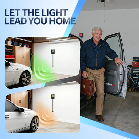 Adjustable Garage Parking Sensor With Tri Color LED Distance Indicator Ultrasonic Detection And Auto And Manual Modes For Safe Indoor Parking Plus No Sweat Hands Free Guidance In Tight Spaces shown installed in a garage with a car.