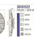 Top Shelf Dual Pack 12 Inch Electric Puller Radiator Cooling Fans Featuring Curved Blades 12 Volt Raw Power 1226 Cfm Airflow side view with dimensions
