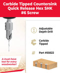 Built Tough 82 Degree Carbide Tipped Countersink Tapered Drill Bit One Quarter Inch Hex Shank For Wood Screws Plywood Mdf Smooth Pilot Hole Cutting Real Deal Pro Power Tool with adjustable depth.
