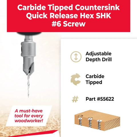 Built Tough 82 Degree Carbide Tipped Countersink Tapered Drill Bit One Quarter Inch Hex Shank For Wood Screws Plywood Mdf Smooth Pilot Hole Cutting Real Deal Pro Power Tool with adjustable depth.
