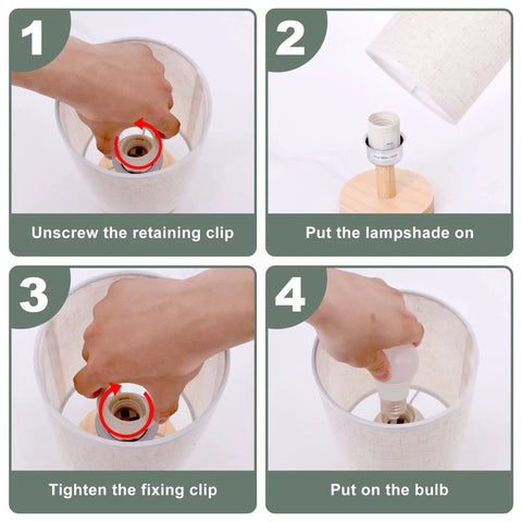 Instruction steps for assembling Cozy Round Table Lamp With Linen Shade, Mini Bedside Night Light, Wooden Desk Lamp For Bedroom Living Room And Kids Room, Includes LED Bulb, Soft Glow, Modern Design, Space Saving.