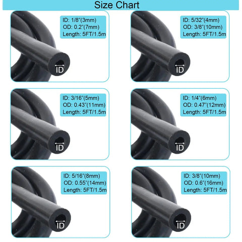 High Temp Silicone Vacuum Hose Kit For Your Car And Engine, 6 Pieces With 5 Foot Lengths, size chart for inner diameters