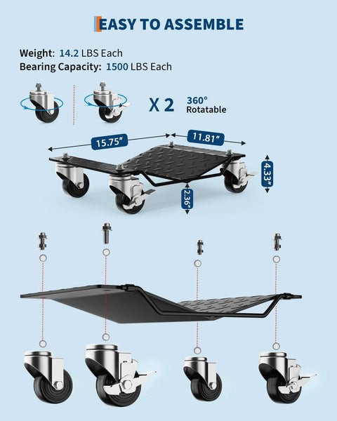 Heavy Duty Vehicle Positioning Dolly Set With Anti Slip V Shaped Tire Platform, 3,000 Lb Capacity Per Set Of Four, Rugged Steel Frame For Safe Moving Of Cars, SUVs, Trucks And ATVs, 360° rotatable wheels