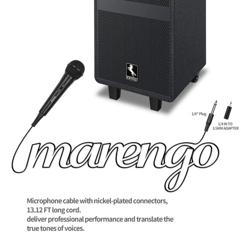 Handheld Wired Cardioid Dynamic Microphone With 13ft Cable And On Off Switch shown with speaker and adapters for live gigs.