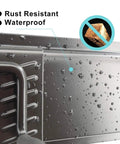Close-up of waterproof, rust-resistant steel in 13 Piece Tool Storage Rack Kit With 64 Inch Adjustable Garage Organization Wall Mounted System And 9 Hooks For Heavy Duty Steel Garden Tools, Brooms, Shovels, And More.