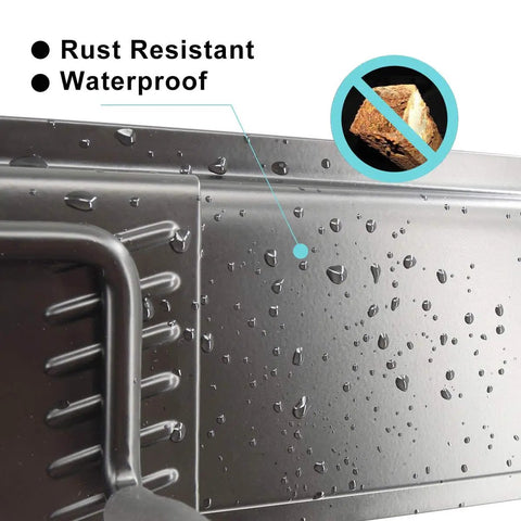 Close-up of waterproof, rust-resistant steel in 13 Piece Tool Storage Rack Kit With 64 Inch Adjustable Garage Organization Wall Mounted System And 9 Hooks For Heavy Duty Steel Garden Tools, Brooms, Shovels, And More.