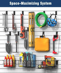 Slatwall Organization Kit With Nineteen Pieces In Seven Sizes For Garage And Shop Baskets And Hooks Set Includes Four Inch L Hooks Four Inch Wave Hooks And Six Inch L Hooks For Tools And Gear installed on wall with tools and gear.