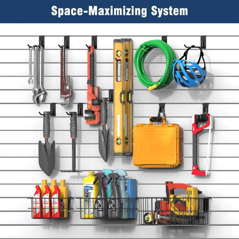 Slatwall Organization Kit With Nineteen Pieces In Seven Sizes For Garage And Shop Baskets And Hooks Set Includes Four Inch L Hooks Four Inch Wave Hooks And Six Inch L Hooks For Tools And Gear installed on wall with tools and gear.