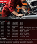 Mechanic working on car engine with compatibility chart for various Toyota and Lexus models in workshop setting.