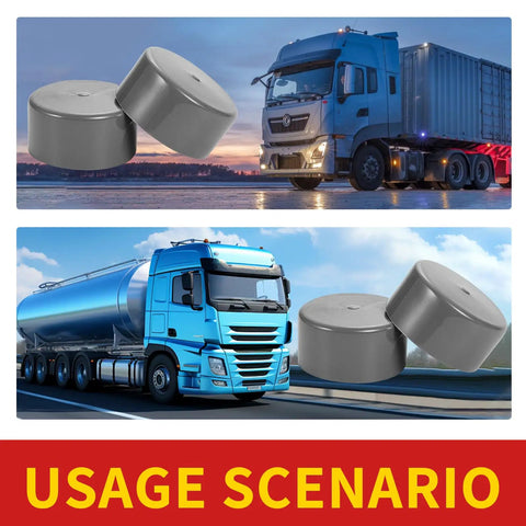 Two Piece Premium Rubber Wheel Bearing Protectors For Cars Trucks And Trailers Slick Hub Dust Guards shown with trucks.