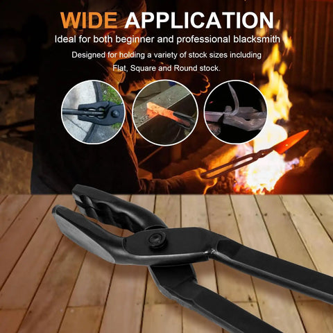 15 Inch Wolf Jaw Blacksmith Tongs For Beginners And Pros near forge fire, gripping various stock sizes safely with long handle.