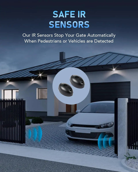 Safe IR sensors near a driveway gate, demonstrating the Heavy Duty Sliding Gate Opener For Gates Up To 3300 Pounds And 40 Feet With 2 Remote Controls 550W Motor Durable Steel Driveway Gate Operator Kit With Security System in use.