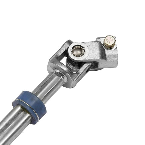 Close-up of steering column lower intermediate shaft with U-joint coupler, silver metal and blue bushing