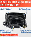 Beefy 50 Ft Pressure Washer Hose One Quarter Inch 3200 Psi Kink Resistant Replacement Hose with M22-14mm Female Brass Fittings