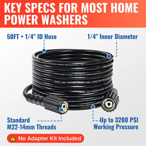 Beefy 50 Ft Pressure Washer Hose One Quarter Inch 3200 Psi Kink Resistant Replacement Hose with M22-14mm Female Brass Fittings