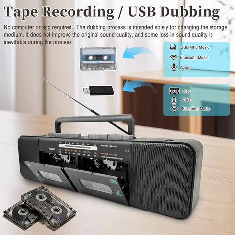Retro Boombox With Dual Cassette Decks And 7200mAh Battery, Bluetooth Audio, Tape To MP3 Converter and radio dials visible.