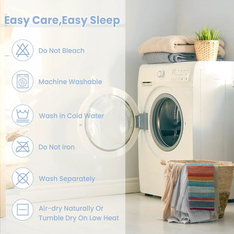 Laundry room with washing machine displaying care instructions for Grounding Sheets For Earthing, Gray Queen Size Fitted Bed Sheet.