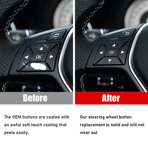 Comparison of OEM and new Mercedes Benz Steering Wheel Button Cover Replacement For A Class W176 B Class W246 C Class W204, black.