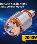 Close-up of 2000W Stainless Steel Electric Grain Grinder motor with copper wiring on blue background