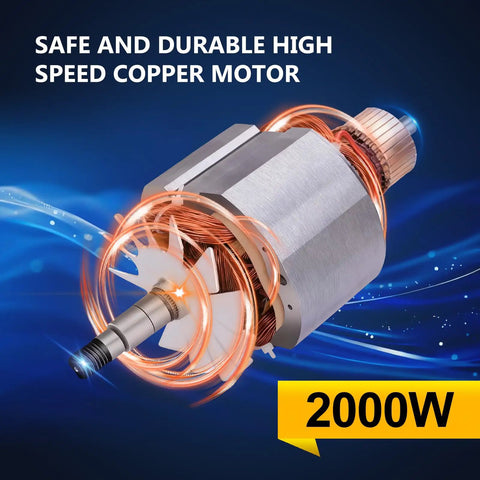 Close-up of 2000W Stainless Steel Electric Grain Grinder motor with copper wiring on blue background