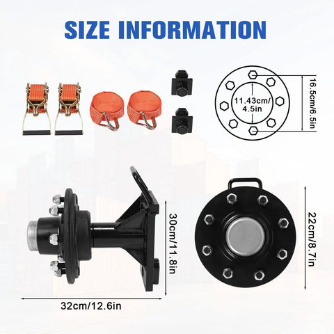 Heavy Duty Shipping Container Caster Wheels 8x6.5 Lug Set With Bulletproof Steel Axles And Smooth Rolling Action showing size diagram and accessories.