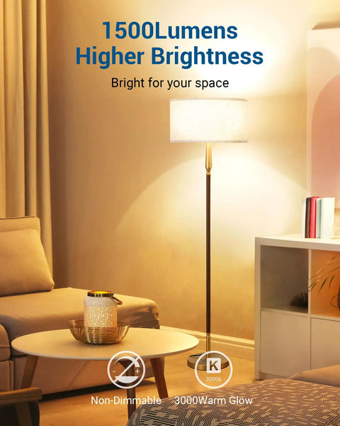 Living room with floor lamp showcasing Eight Pack A19 LED Light Bulbs 1500 Lumens 5000K Daylight White 14W Equal To 100W E26 Base