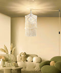 Handmade Macrame Pendant Light With Plug In Cord, 15Ft Hanging Lamp in a boho living room with hemp rope and off switch visible