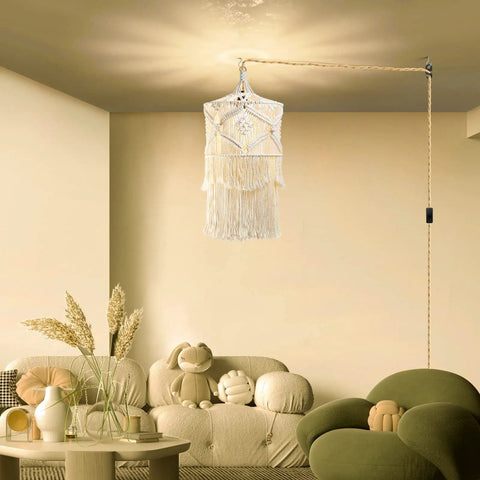Handmade Macrame Pendant Light With Plug In Cord, 15Ft Hanging Lamp in a boho living room with hemp rope and off switch visible