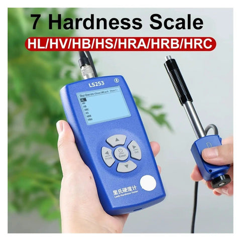 Heavy Duty Handheld Digital Metal Hardness Tester With Dual Coil Design And Wireless Print Capabilities For Steel Or Aluminum Alloy Straight Up Precision Testing in use with screen displaying hardness scales.
