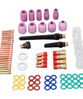 Premium TIG Welding Torch Kit With Gas Lens Type 10 Glass Ceramic Cup And Copper Accessories designed for WP17 WP18 WP26, showing various components.