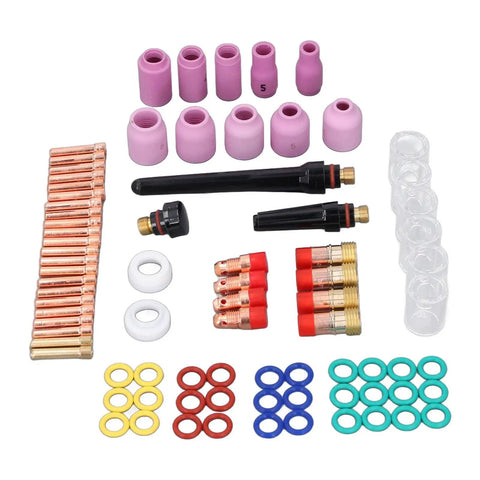 Premium TIG Welding Torch Kit With Gas Lens Type 10 Glass Ceramic Cup And Copper Accessories designed for WP17 WP18 WP26, showing various components.