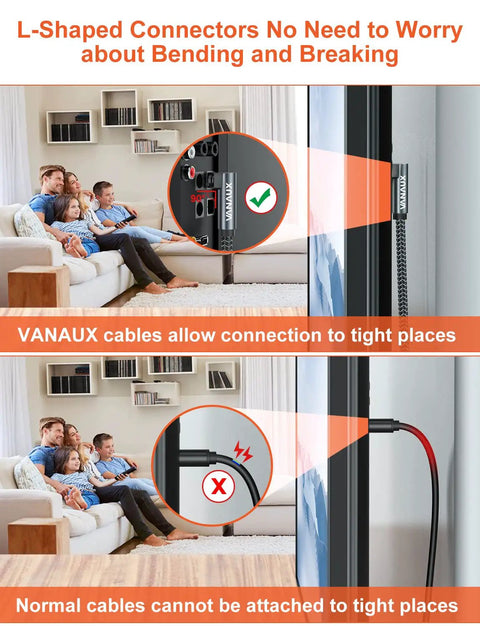 Ultra Top Shelf Double L Shaped Optical Audio Cable featuring swivel right angle plugs for tight spaces behind TV.