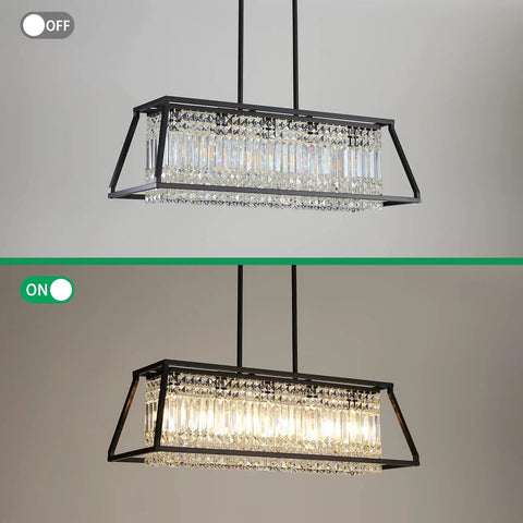Lit Black Crystal Chandelier Pendant Light For Dining Room And Kitchen Island, 5-Light Rectangular Fixture shown on and off